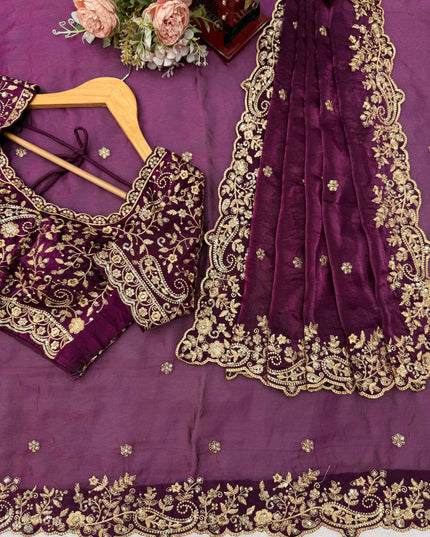 Fendy Silk Embroidered Saree with Sequins - Rosepetals Luxe
