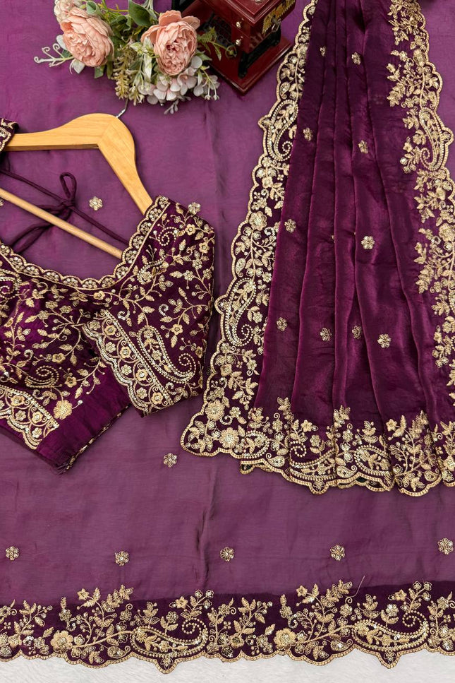 Fendy Silk Embroidered Saree with Sequins - Rosepetals Luxe