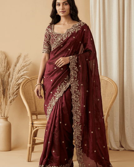 Fendy Silk Embroidered Saree with Sequins - Rosepetals Luxe