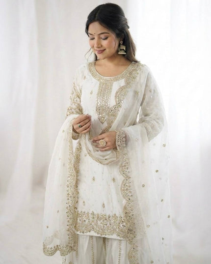 Fendy Silk Embroidered Top Palazzo Set with Dupatta - Rosepetals Luxe