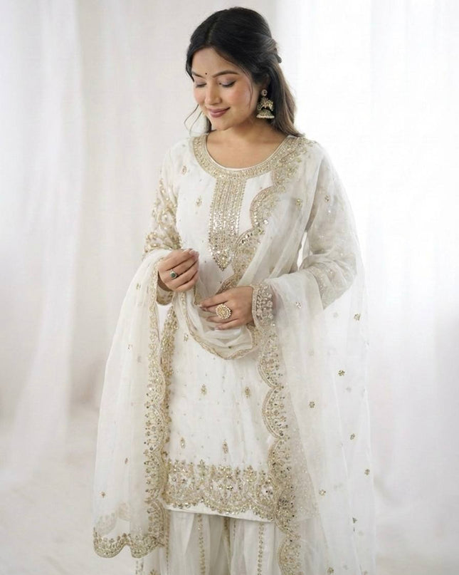 Fendy Silk Embroidered Top Palazzo Set with Dupatta - Rosepetals Luxe