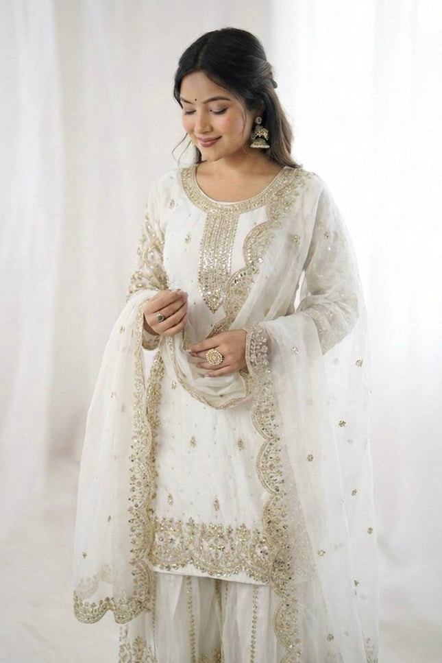 Fendy Silk Embroidered Top Palazzo Set with Dupatta - Rosepetals Luxe