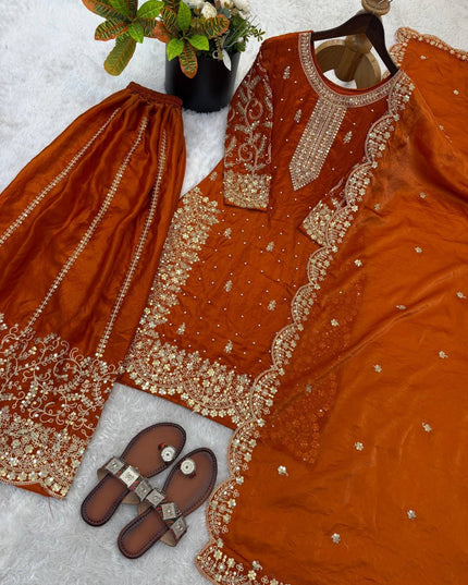 Fendy Silk Embroidered Top Palazzo Set with Dupatta - Rosepetals Luxe