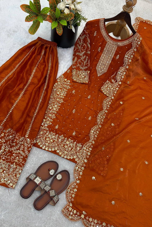 Fendy Silk Embroidered Top Palazzo Set with Dupatta - Rosepetals Luxe