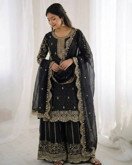 Fendy Silk Embroidered Top Palazzo Set with Dupatta - Rosepetals Luxe