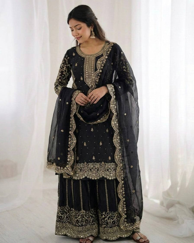 Fendy Silk Embroidered Top Palazzo Set with Dupatta - Rosepetals Luxe