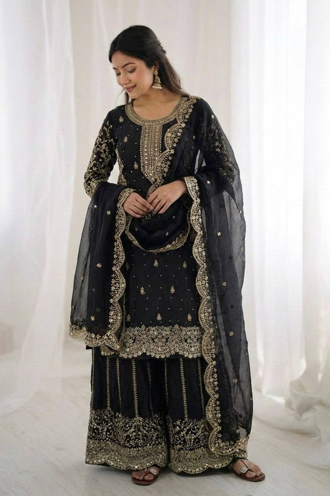 Fendy Silk Embroidered Top Palazzo Set with Dupatta - Rosepetals Luxe