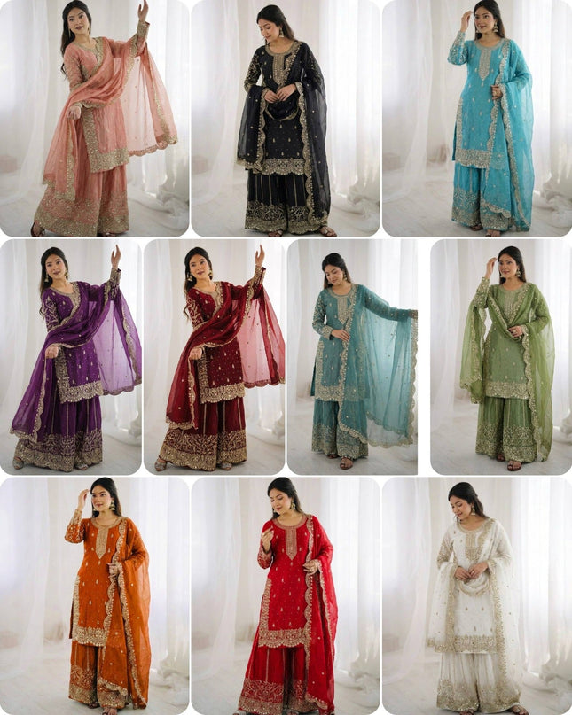 Fendy Silk Embroidered Top Palazzo Set with Dupatta - Rosepetals Luxe