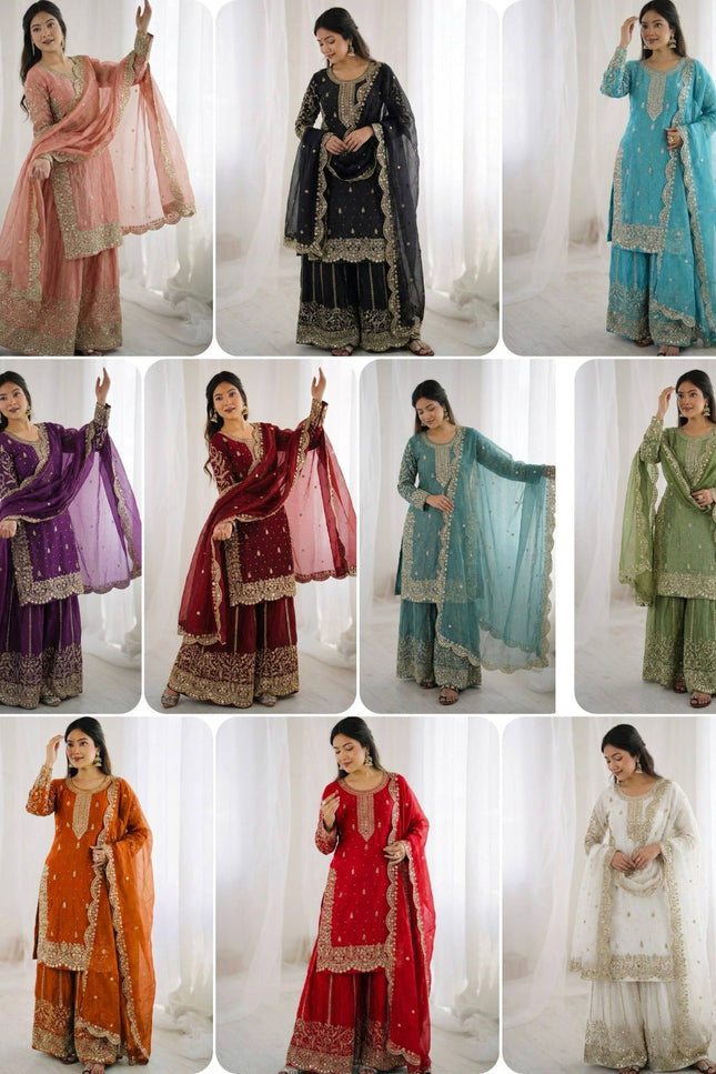 Fendy Silk Embroidered Top Palazzo Set with Dupatta - Rosepetals Luxe