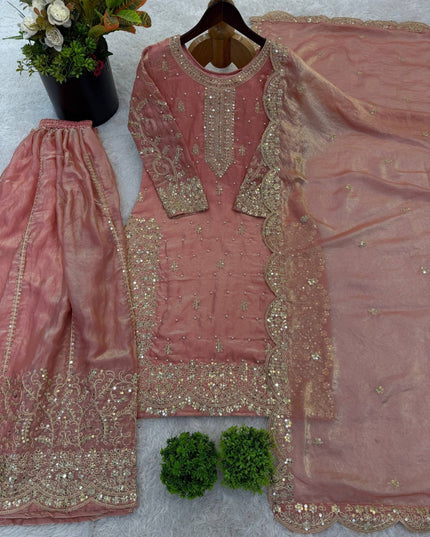 Fendy Silk Embroidered Top Palazzo Set with Dupatta - Rosepetals Luxe
