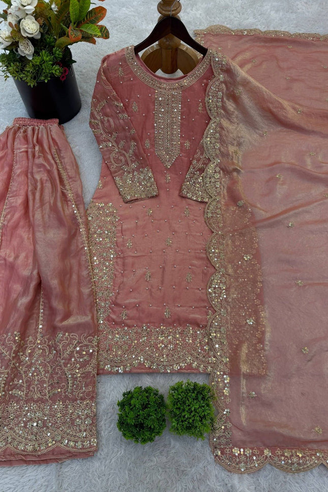 Fendy Silk Embroidered Top Palazzo Set with Dupatta - Rosepetals Luxe