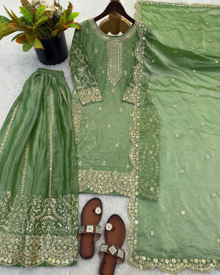 Fendy Silk Embroidered Top Palazzo Set with Dupatta - Rosepetals Luxe