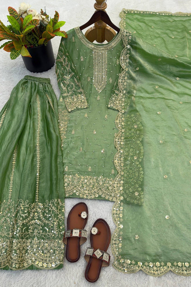 Fendy Silk Embroidered Top Palazzo Set with Dupatta - Rosepetals Luxe