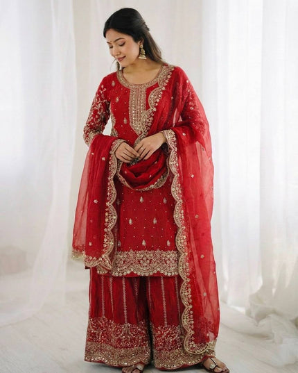 Fendy Silk Embroidered Top Palazzo Set with Dupatta - Rosepetals Luxe