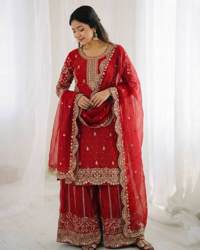 Fendy Silk Embroidered Top Palazzo Set with Dupatta - Rosepetals Luxe