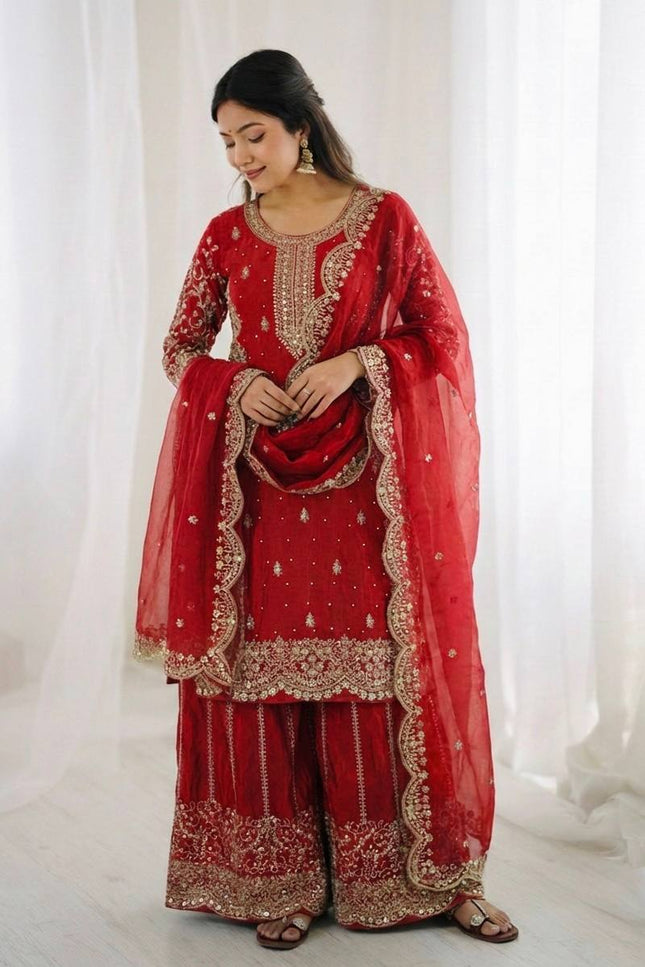Fendy Silk Embroidered Top Palazzo Set with Dupatta - Rosepetals Luxe