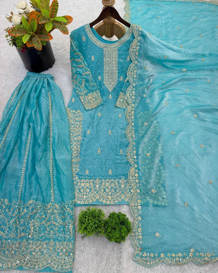 Fendy Silk Embroidered Top Palazzo Set with Dupatta - Rosepetals Luxe