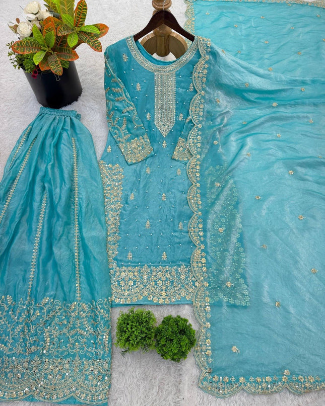 Fendy Silk Embroidered Top Palazzo Set with Dupatta - Rosepetals Luxe