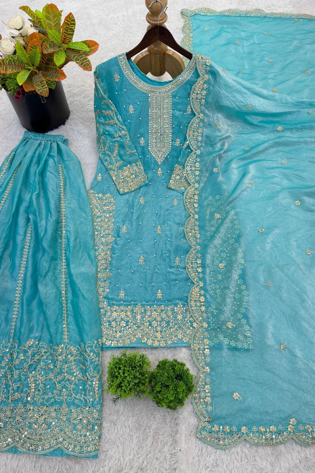 Fendy Silk Embroidered Top Palazzo Set with Dupatta - Rosepetals Luxe