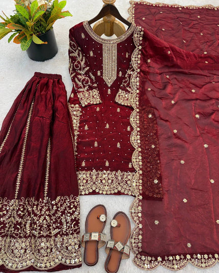 Fendy Silk Embroidered Top Palazzo Set with Dupatta - Rosepetals Luxe