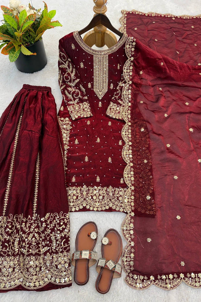 Fendy Silk Embroidered Top Palazzo Set with Dupatta - Rosepetals Luxe
