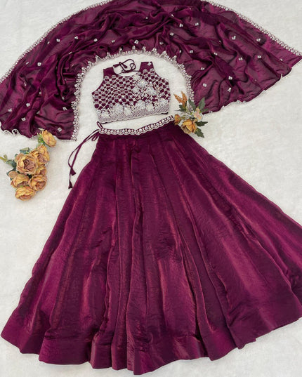 Fendy Silk Lehenga Choli Set | Antique Beads Work & Crystal Lace Dupatta | Rosepetals Luxe - Rosepetals Luxe