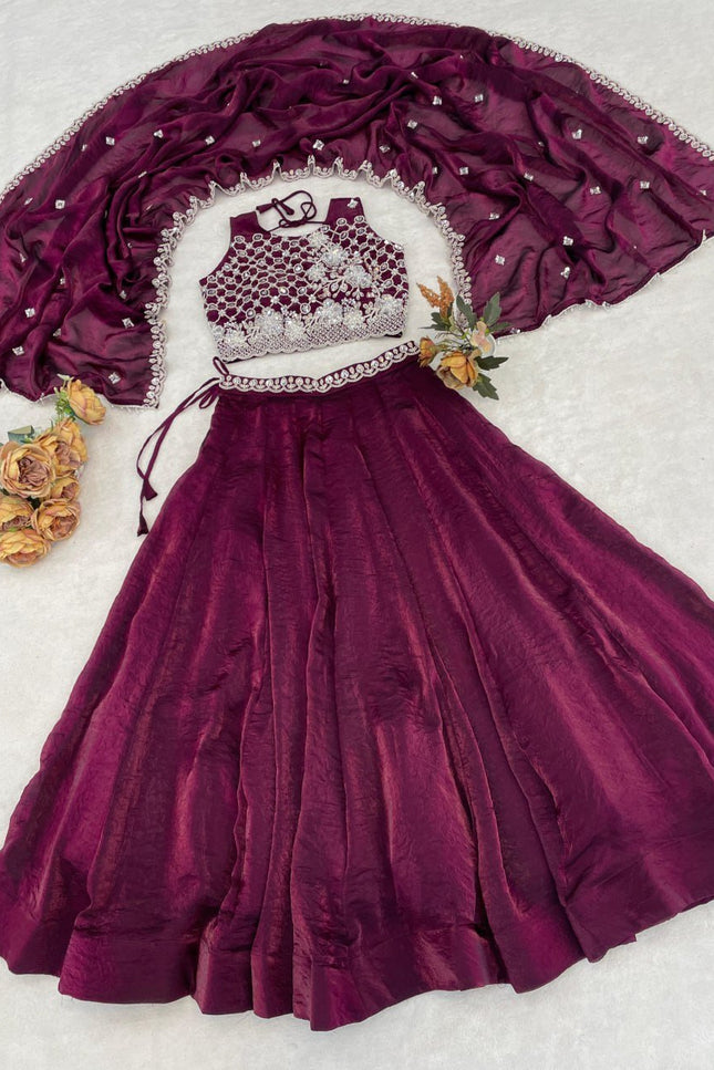 Fendy Silk Lehenga Choli Set | Antique Beads Work & Crystal Lace Dupatta | Rosepetals Luxe - Rosepetals Luxe