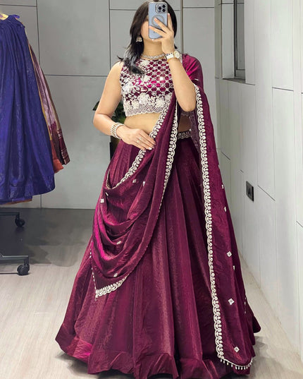Fendy Silk Lehenga Choli Set | Antique Beads Work & Crystal Lace Dupatta | Rosepetals Luxe - Rosepetals Luxe