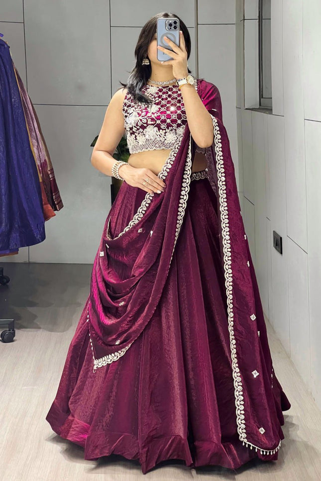 Fendy Silk Lehenga Choli Set | Antique Beads Work & Crystal Lace Dupatta | Rosepetals Luxe - Rosepetals Luxe