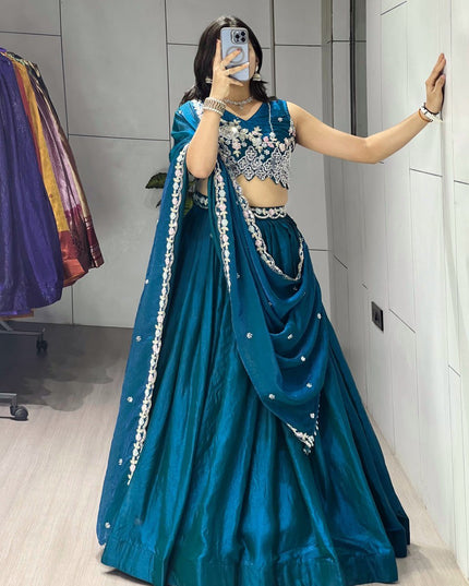 Fendy Silk Lehenga Choli Set | Antique Beads Work & Crystal Lace Dupatta | Rosepetals Luxe - Rosepetals Luxe