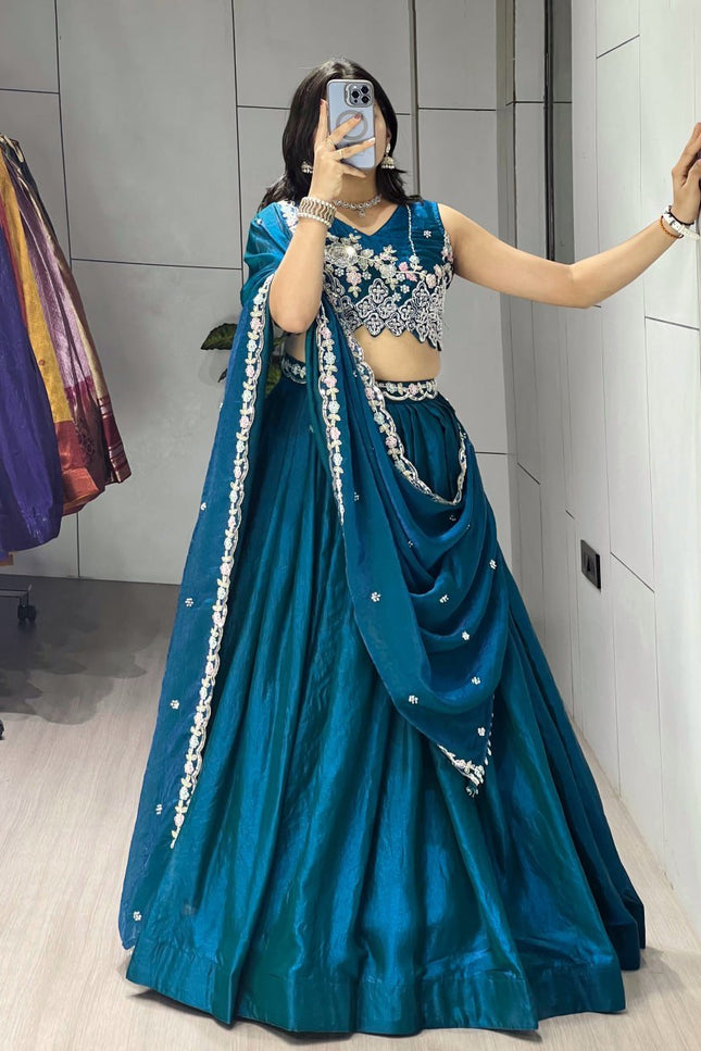Fendy Silk Lehenga Choli Set | Antique Beads Work & Crystal Lace Dupatta | Rosepetals Luxe - Rosepetals Luxe