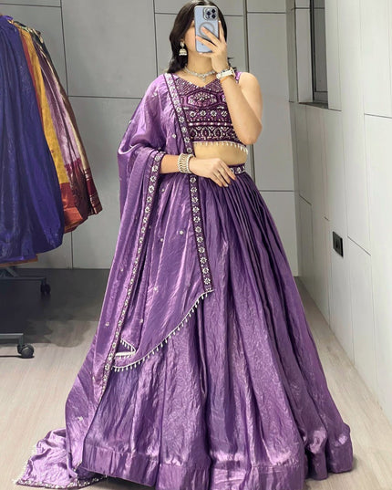 Fendy Silk Lehenga Choli Set | Antique Beads Work & Crystal Lace Dupatta | Rosepetals Luxe - Rosepetals Luxe