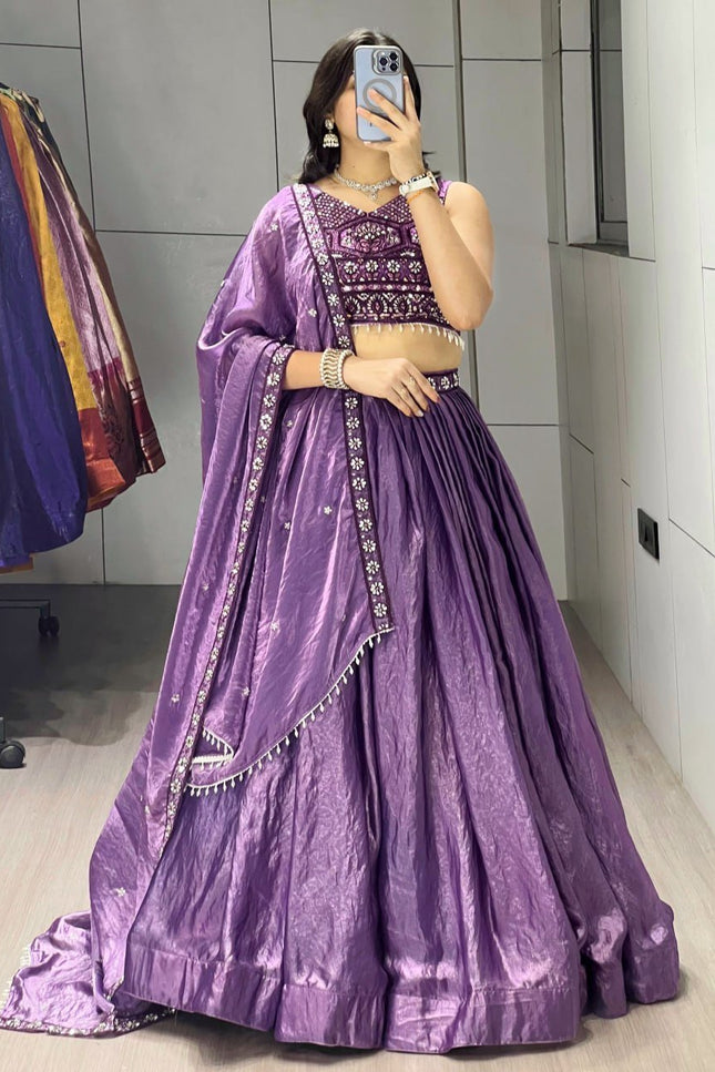 Fendy Silk Lehenga Choli Set | Antique Beads Work & Crystal Lace Dupatta | Rosepetals Luxe - Rosepetals Luxe