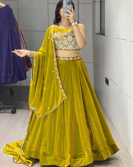 Fendy Silk Lehenga Choli Set | Antique Beads Work & Crystal Lace Dupatta | Rosepetals Luxe - Rosepetals Luxe