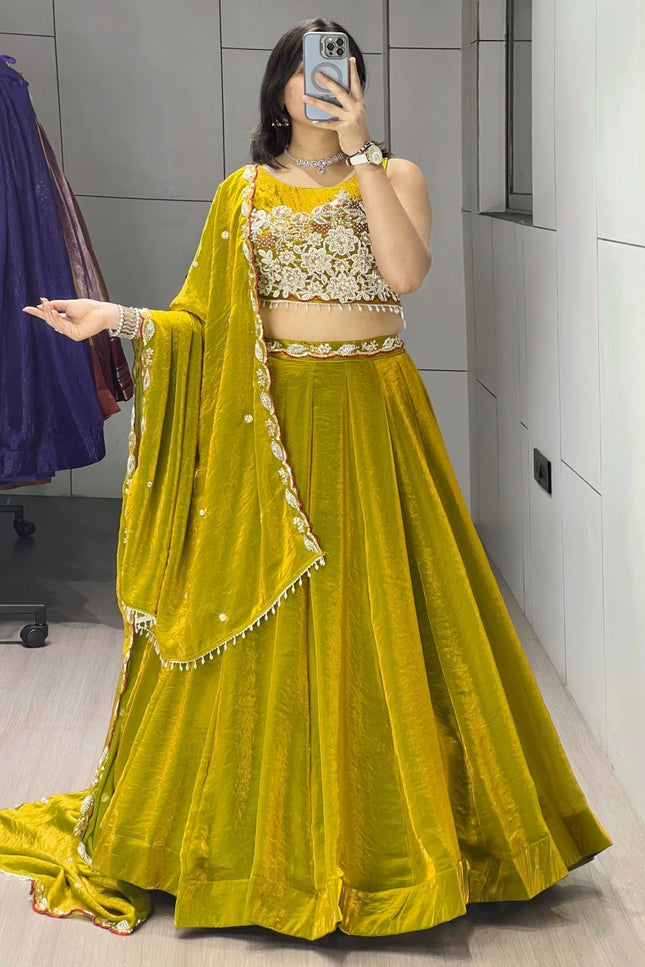 Fendy Silk Lehenga Choli Set | Antique Beads Work & Crystal Lace Dupatta | Rosepetals Luxe - Rosepetals Luxe