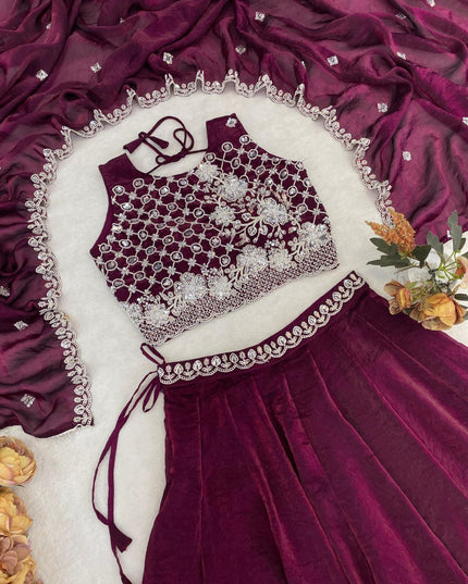 Fendy Silk Lehenga Choli Set | Antique Beads Work & Crystal Lace Dupatta | Rosepetals Luxe - Rosepetals Luxe