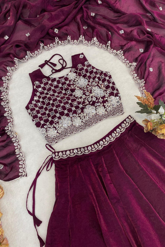 Fendy Silk Lehenga Choli Set | Antique Beads Work & Crystal Lace Dupatta | Rosepetals Luxe - Rosepetals Luxe