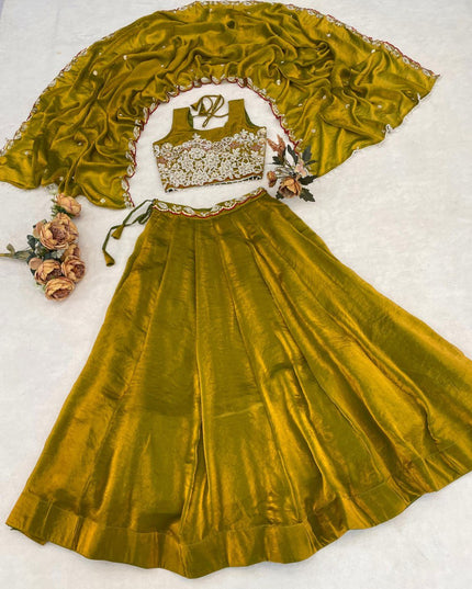 Fendy Silk Lehenga Choli Set | Antique Beads Work & Crystal Lace Dupatta | Rosepetals Luxe - Rosepetals Luxe