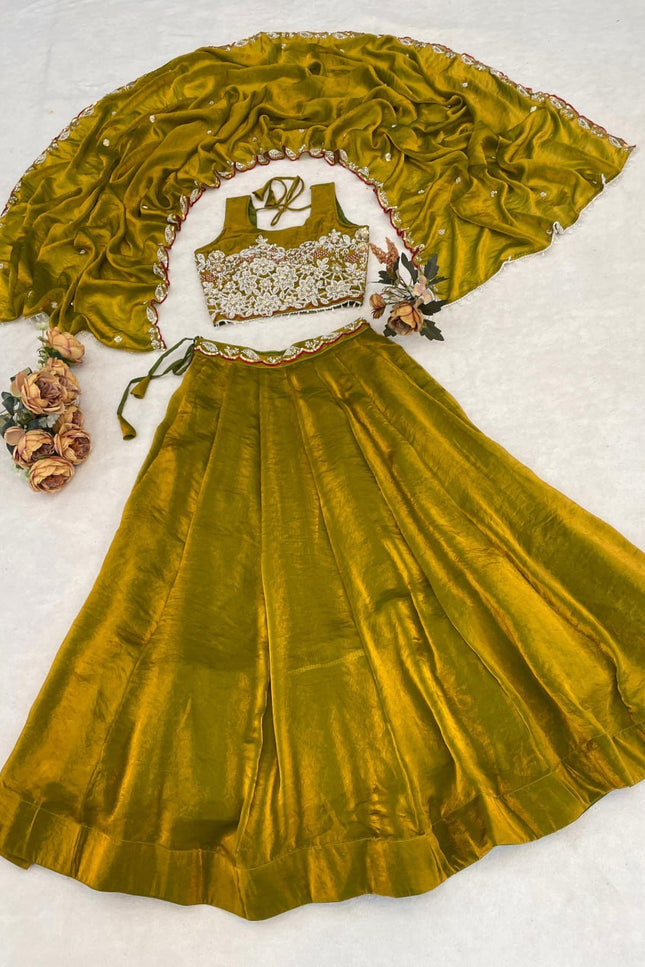 Fendy Silk Lehenga Choli Set | Antique Beads Work & Crystal Lace Dupatta | Rosepetals Luxe - Rosepetals Luxe
