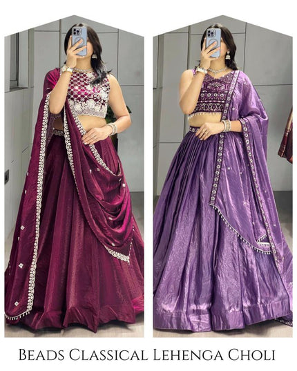 Fendy Silk Lehenga Choli Set | Antique Beads Work & Crystal Lace Dupatta | Rosepetals Luxe - Rosepetals Luxe