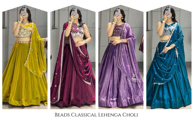 Fendy Silk Lehenga Choli Set | Antique Beads Work & Crystal Lace Dupatta | Rosepetals Luxe - Rosepetals Luxe