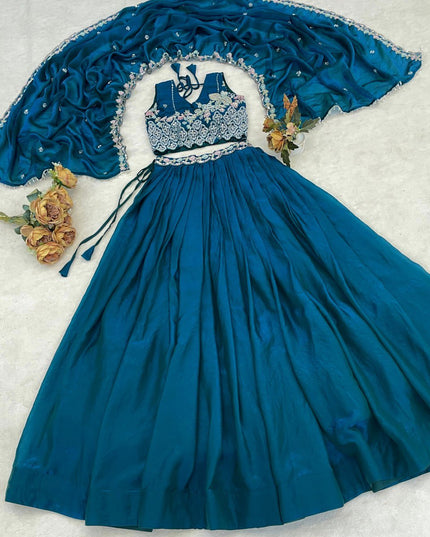 Fendy Silk Lehenga Choli Set | Antique Beads Work & Crystal Lace Dupatta | Rosepetals Luxe - Rosepetals Luxe