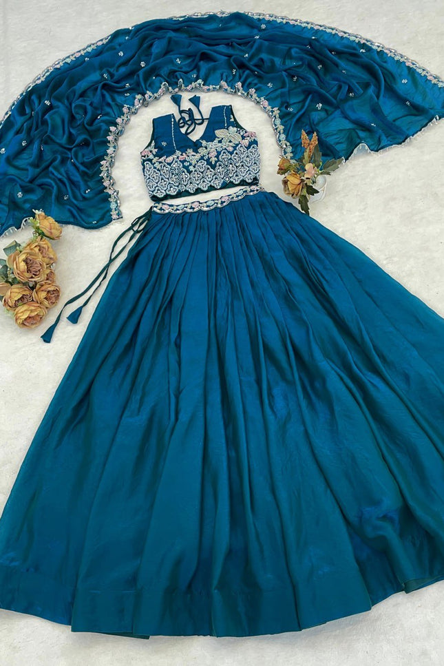 Fendy Silk Lehenga Choli Set | Antique Beads Work & Crystal Lace Dupatta | Rosepetals Luxe - Rosepetals Luxe