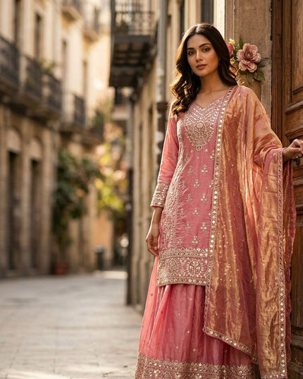 Fendy Silk Sharara Set with Embroidered Dupatta | 5mm Sequence Work | Festive & Party Wear - Rosepetals Luxe