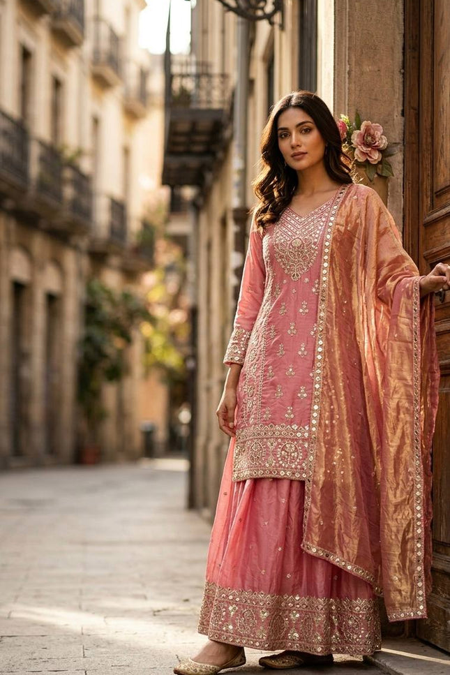 Fendy Silk Sharara Set with Embroidered Dupatta | 5mm Sequence Work | Festive & Party Wear - Rosepetals Luxe
