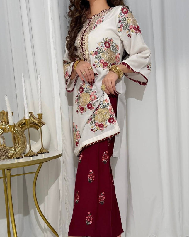 Festival Special Faux Georgette Kurti, Pant & Dupatta Set | Thread, Sequins & Gota Work - Rosepetals Luxe