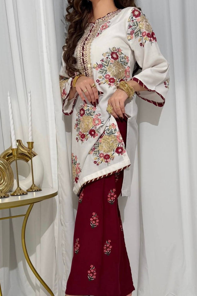 Festival Special Faux Georgette Kurti, Pant & Dupatta Set | Thread, Sequins & Gota Work - Rosepetals Luxe