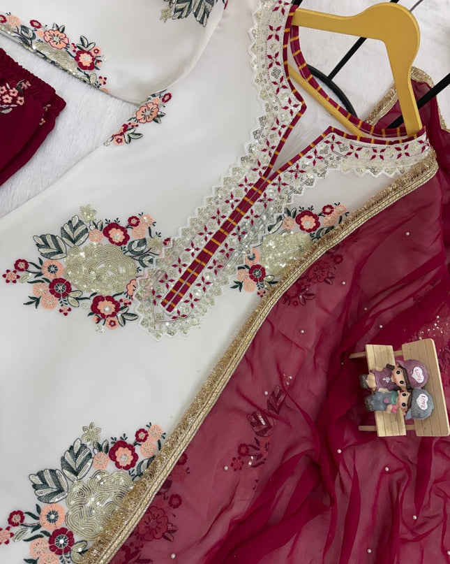Festival Special Faux Georgette Kurti, Pant & Dupatta Set | Thread, Sequins & Gota Work - Rosepetals Luxe