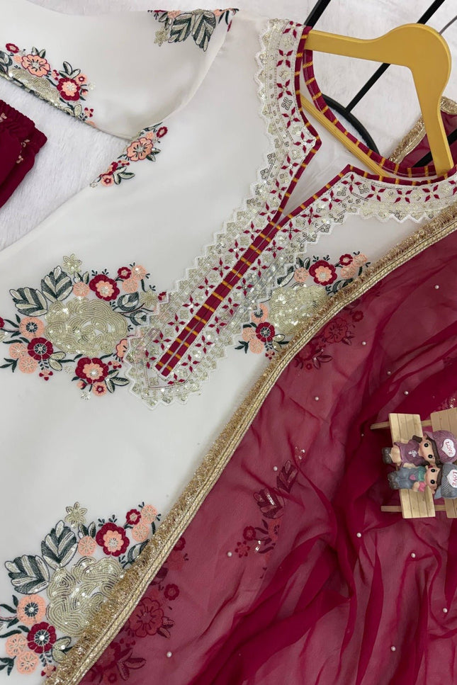 Festival Special Faux Georgette Kurti, Pant & Dupatta Set | Thread, Sequins & Gota Work - Rosepetals Luxe