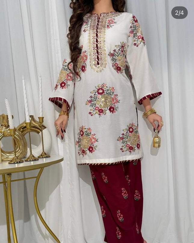 Festival Special Faux Georgette Kurti, Pant & Dupatta Set | Thread, Sequins & Gota Work - Rosepetals Luxe